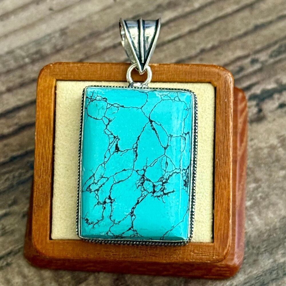 Handcrafted Silver & Natural Turquoise Howlite Rectangular Pendant Necklace - Picture 2 of 6